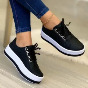 Lizitool Women Casual Round Toe Lace-Up Block Color Platform Shoes PU Sneakers